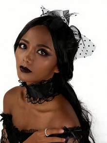 1件蕾丝多层网纱波点大蝴蝶结复古发箍，派对宴会发饰 - 彩色 - 查看 3