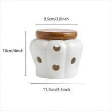 1pc Ceramic Garlic Storage Jar With Ventilated Bamboo Lid, Hollow Ceramic Garlic Warmer For Kitchen Storage And Decor, White & Yellow Ceramic Garlic Storage Container - Multicolor - View 7