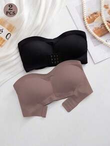 2pcs/Set Front Clasp Solid Color Strapless Bra With Upgraded Non-Slip Silicone Strips, Comfortable Wireless Bra With Cups, Non-Traditional Lift And Gather Bra Women, Black + Beige - 多色 10 - 查看 3