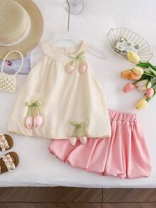 两件套年轻女孩可爱清新公主风格无袖郁金香印花吊带背心和休闲裙套装，户外装 - 粉色 - 查看 1