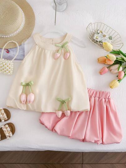 Bộ 2 món áo yếm in họa tiết hoa tulip không tay phong cách công chúa dễ thương và tươi mới cho bé gái và váy thường ngày, mặc ngoài trời