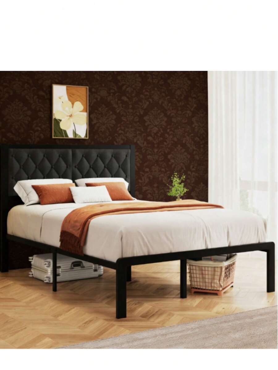 Grey Queen Size Metal Platform Bed Frame With Tufted Headboard, Under-Bed Storage, Noise-Free, No Box Spring Needed, Easy Assembly - Grey Queen - View 1