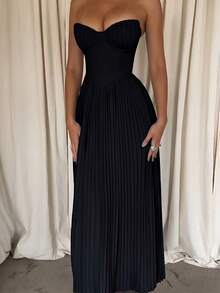 Romantic Sexy Women's Sleeveless Pleated Maxi Dress With Ruched Bandeau - Black - View 6