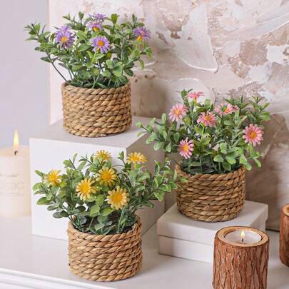 Bộ 3 chậu hoa cúc giả, thiết kế chậu cây giả giống thật, phối màu hồng, trắng và vàng, gồm 6 bông cúc, kết cấu sống động như thật, làm từ chất liệu PE, cây trang trí trong nhà/ngoài trời, thích hợp cho ngày Valentine, trang trí lễ Phục sinh, trang trí mùa xuân/hè, lý tưởng để trồng ban công và trưng bày trong vườn.