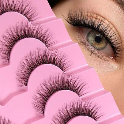 Hinarin 7对猫眼假睫毛，柔软蓬松的3D仿貂毛睫毛，自然妆效，黑色睫毛梗 - 可重复使用，轻盈舒适，适合日常妆容和特殊场合。