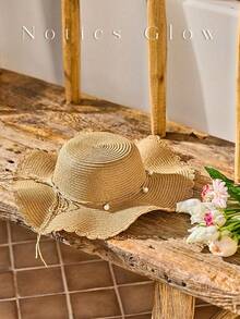 Summer Women's Khaki/Beige Bohemian Beach Hat Woven Straw Wide-Brimmed Sun Hat Pearl Decor Women's Vintage Hats Beach Accessories & Tropical Vacation - A - 查看 5