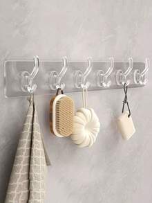 2pcs Transparent 6-Hook Waterproof Self-Adhesive Wall Hooks, No Drilling Needed For Bathroom, Kitchen And Indoor Storage And Organization - 2pcs - View 2
