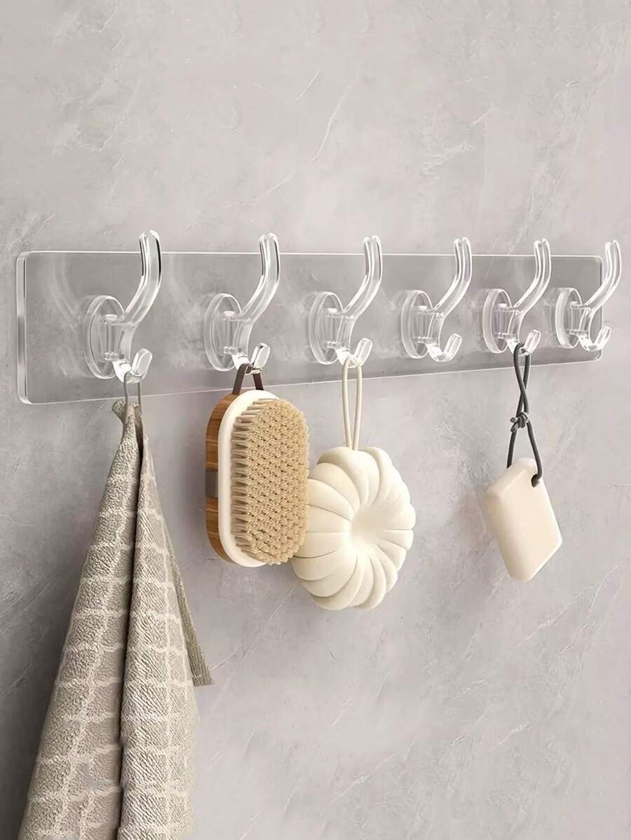 2pcs Transparent 6-Hook Waterproof Self-Adhesive Wall Hooks, No Drilling Needed For Bathroom, Kitchen And Indoor Storage And Organization