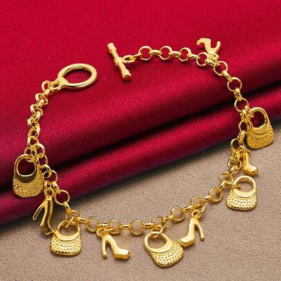 18K Gold Plated High Heels Bag Pendant Bracelets Chain For Women Charm Wedding Engagement Jewelry