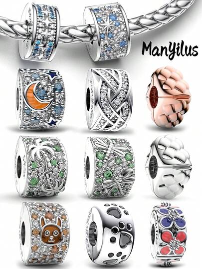  Juego de colgante y cierre de plata de ley 925 Manyilus con diseños de cielo estrellado, animales, insectos y flores con cuentas y anillos de CZ, adecuado para hacer pulseras, collares, joyería DIY y regalos para mujeres