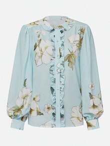 Blusa de gasa con estampado floral elegante, cuello alto y mangas farol - Negro - Ver 4