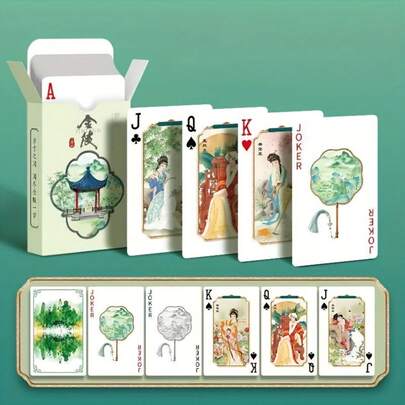 Bộ bài tây vẽ tay theo chủ đề "Hồng Lâu Mộng", bộ bài tây in hình các nhân vật văn học cổ điển Trung Quốc, bộ bài tây in hình phong cảnh vườn Giang Nam cổ và các nhân vật văn học, bộ bài tây phong cách cổ điển.