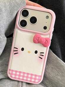 SANRIO 新款韩版Hello Kitty大脸表情粉色格子3D蝴蝶结TPU防震软壳手机壳，兼容 17 Pro Max/17 Pro/17/16 Pro/16 Pro Max/16/15 Pro Max/14 Pro Max/14 Pro/13/13 Pro Max/13 Pro/12 Pro Max/12 Pro/12，时尚独特卡包手机壳，送给女朋友、闺蜜的绝佳礼物 - 彩色 - 查看 2