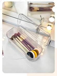 Porta-pincéis de maquiagem transparente de acrílico com tampa, grande capacidade, caixa organizadora de cosméticos com listras verticais, recipiente para maquiagem à prova de poeira, ideal para penteadeira, banheiro, quarto, presente perfeito para amantes de maquiagem. - Multicolorido - Ver 9