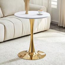 Round 60cm Side Table / Small Dining Table Made Of MDF: Tabletop With High-Quality Thermoforming Technology, White Grain Look, Golden Support Leg – Perfect For European Living Spaces. - 金色 - 查看 1