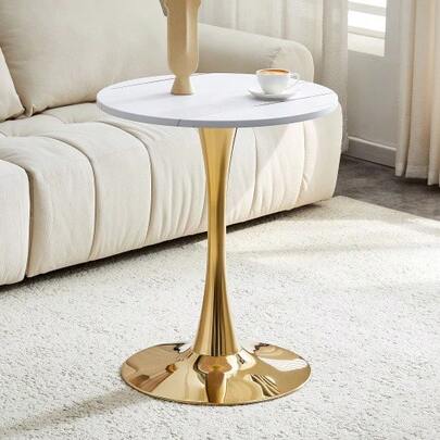 Round 60cm Side Table / Small Dining Table Made Of MDF: Tabletop With High-Quality Thermoforming Technology, White Grain Look, Golden Support Leg – Perfect For European Living Spaces.