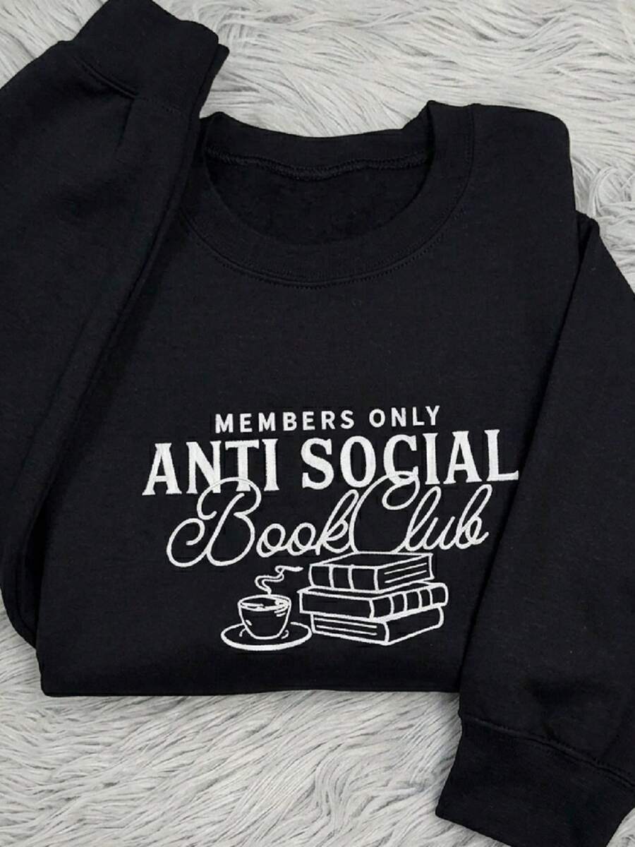Women's Crew Neck Sweatshirt / Antisocial / Book Club / Winter, Suitable For Autumn And Winter Long Sleeve Blouses, Graduation Season, Back To School Season / Fashionable Casual And Simple Sweatshirt - màu đen - Xem 1