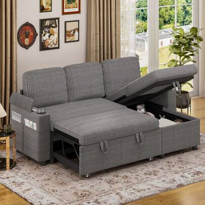 3-Seater Corner Sofa Bed, L-Shaped Sleeper Sectional Couch Bed, 3-In-1 Fabric Convertible Pull Out Sofa Bed With Adjustable Backrest, Storage, Cup Holder For Living Room, Corduroy Fabric, Dark Grey