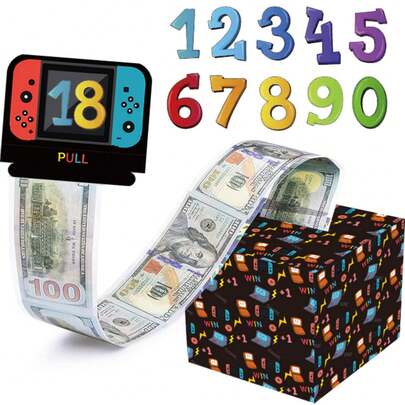 Caja de dinero con tema de consola de juegos, tarjeta de feliz cumpleaños y 50 bolsas transparentes, caja sorpresa adecuada para celebración de cumpleaños