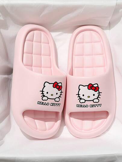 MAOLI Hello Kitty Bow & Cat Pattern Women's Slippers, New Summer Bathroom Slippers, Fashion Versatile, Cat Claw Design Cat Face Sandals, Soft Comfortable Checkered Insole, Couples Slippers Available In Multiple Colors