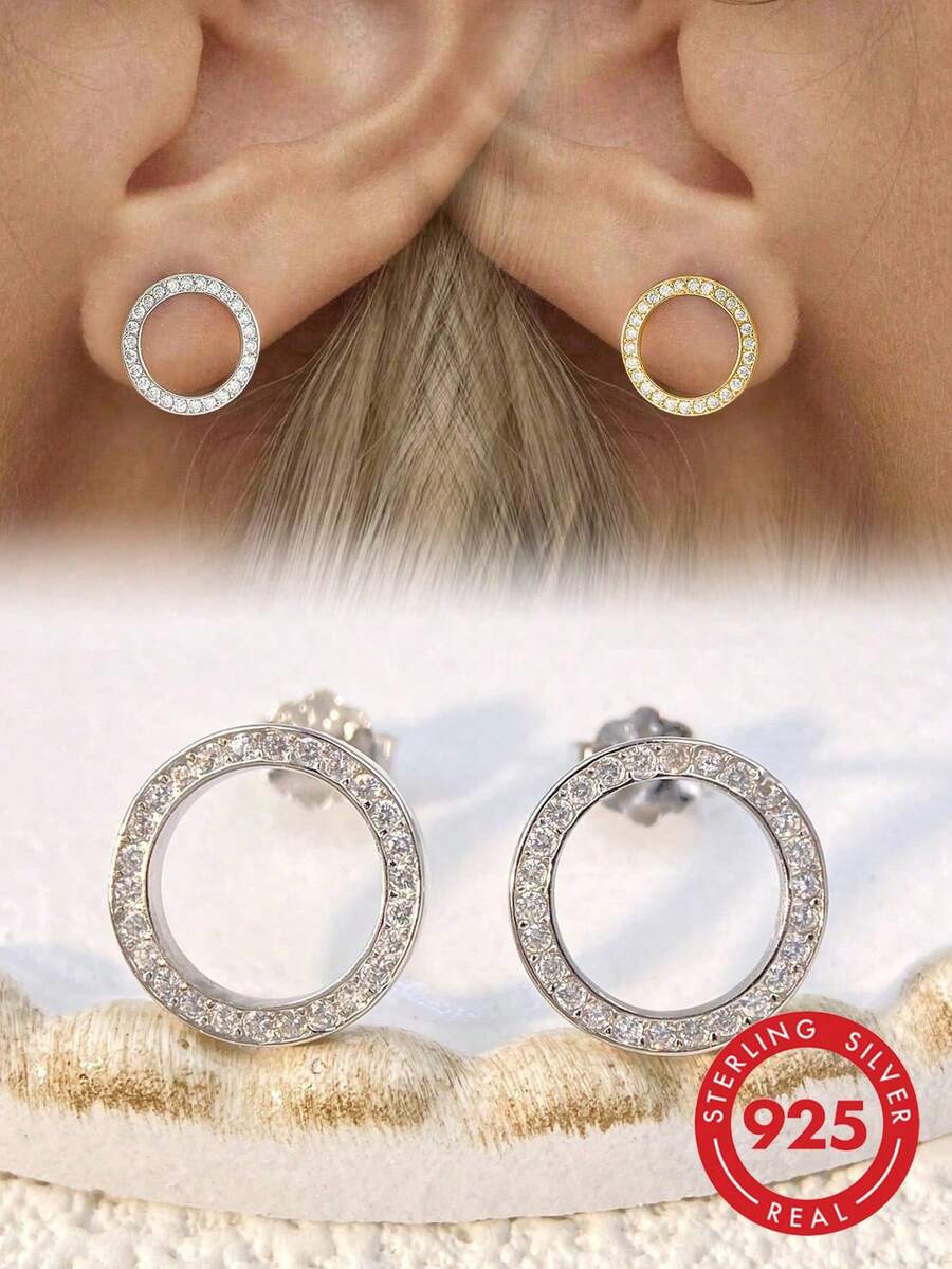 1 Pair S925 Sterling Silver Cubic Zirconia Round Earrings, Exquisite Jewelry, Gift For Women - Hoop Earrings - View 1