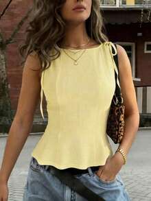 1pc Solid Color Knit Fabric Ruffle Trim Casual Top, Summer - Light Yellow - View 4