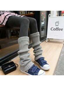 1 Pair Women Solid Color Vertical Striped Warm Decorative Cute Leg Warmers, Suitable For Spring, Autumn And Winter - Black - View 1