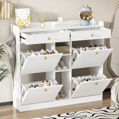 Large Shoe Cabinet / Elegant Style Shoe Cabinet / With 4 Hinged Doors, 2 Drawers, 3 Open Compartments / Space-Saving Design / Suitable For Hallways, Entryways And Living Rooms