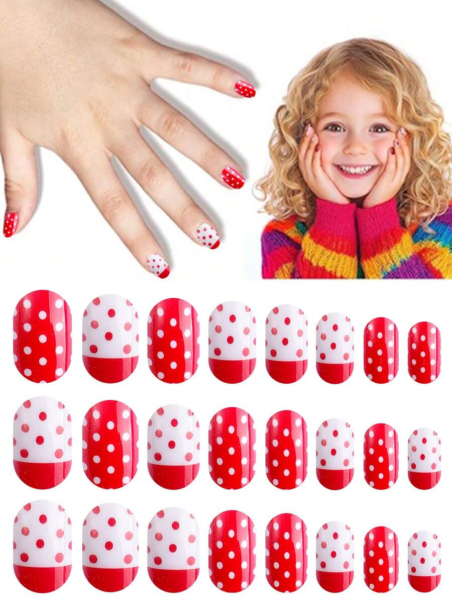 NAIO 24pcs Kids Press On Nails, Red White Polka Dot Full Cover False Nails For Colorful Full Cover Short False Nails For Girls, Cute Mixed Pattern Wearable Nail Kit With Storage Box & Nail File - Multicolor - View 1