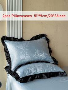 2pcs Blue Floral Jacquard Washed Faux Silk Pillowcase With Ruffle Edge, Minimalist Elegant Luxury Polyester Decorative Throw Pillow Cover, Suitable For All Seasons, Modern Decor Cushion Cover, Machine Washable, Without Filling - Blue - View 8