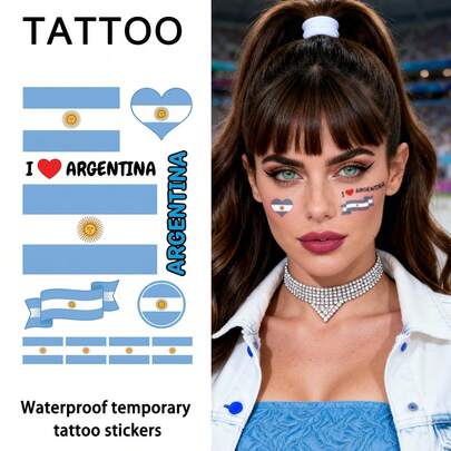 5 hình xăm tạm thời cờ Argentina, hình xăm bóng đá chống nước, chống mồ hôi, dùng một lần, dành cho nữ và người lớn, dùng để xăm lên mặt, tay, eo, ngực, chân, bụng, cổ, bàn tay, ngón tay, lưng, thích hợp cho các buổi biểu diễn khiêu vũ, tiệc tùng, sân khấu, nghệ thuật xăm hình hiện đại.