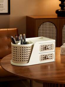 Retro-Style Desktop Rotating Makeup Brush Holder, Dressing Table Cosmetic Storage Box, Lipstick Tabletop Desk Shelf - Multicolor - View 1