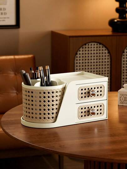 Retro-Style Desktop Rotating Makeup Brush Holder, Dressing Table Cosmetic Storage Box, Lipstick Tabletop Desk Shelf
