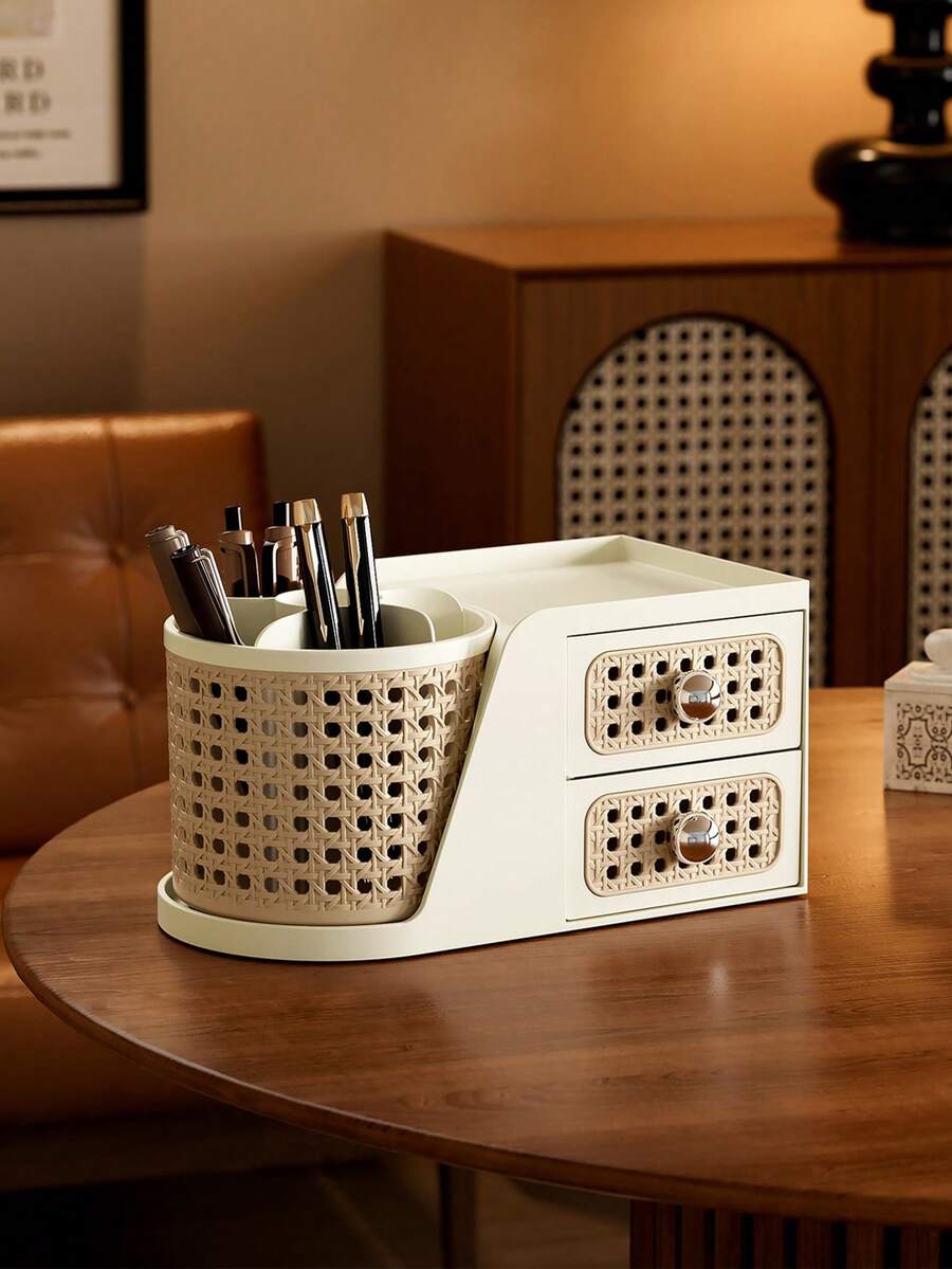 Retro-Style Desktop Rotating Makeup Brush Holder, Dressing Table Cosmetic Storage Box, Lipstick Tabletop Desk Shelf - Multicolor - View 1