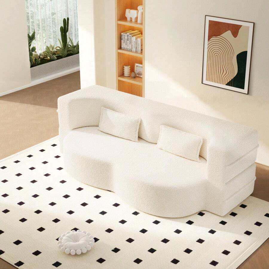 Modern Floor Sofa With 2 Pillows Convertible Teddy Fabric Foam-Filled Sleeper Sofa Bed 15" Twin Size Folding Mattress For Living Room Guest Bed Playroom No Assembly Required Beige/White - 雙人床尺寸 + 泰迪熊 + 米色/白色1 - 查看 1