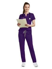2pcs/Set Seragam Perawat Wanita, Atasan + Celana dengan Saku, Pakaian Kerja Ruang Bedah Perawat, Pakaian Kerja Salon Kecantikan Musim Semi - Purple - View 8