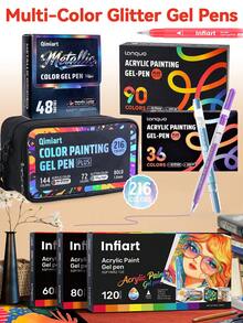 New Acrylic Painting Gel Pens, 36/48/54/60/72/90/120/216 Color Set, 1.0mm Fine Tip Colored Pens, Suitable For Student Painting, DIY Doodle, Highlighting, Sketchbook Coloring, Overlaying Art Journal Marking, Student Note-Taking - Technical Pen - View 2