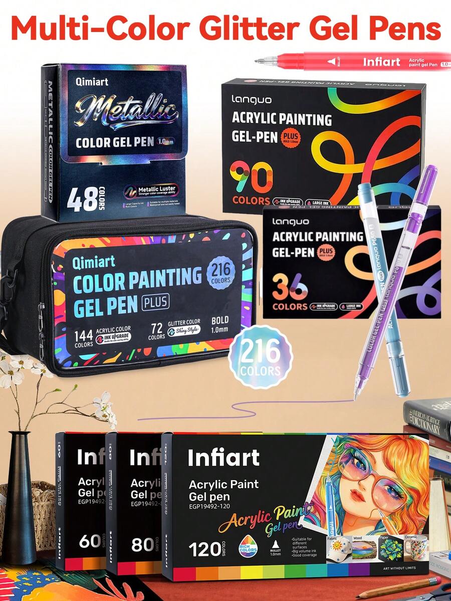 New Acrylic Painting Gel Pens, 36/48/54/60/72/90/120/216 Color Set, 1.0mm Fine Tip Colored Pens, Suitable For Student Painting, DIY Doodle, Highlighting, Sketchbook Coloring, Overlaying Art Journal Marking, Student Note-Taking