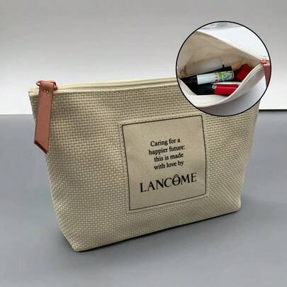 Lancôme Túi đựng mỹ phẩm Lancome màu be dệt, túi trang điểm bằng da màu ngà có khóa kéo, chất liệu vải canvas bền chắc và khóa kéo, túi đựng đồ dùng vệ sinh cá nhân du lịch dung tích lớn, túi đựng đồ chăm sóc da dành cho nữ, phụ kiện tối giản thanh lịch, bộ quà tặng hoàn hảo, thích hợp làm quà sinh nhật, quà tặng bạn bè, nhỏ gọn và nhẹ.