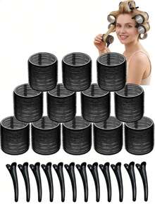 24/12/10pcs Super Large Curling Rollers With Clips, Self-Adhesive Hair Curlers Suitable For Long/Medium/Short Hair & Bangs, Hair Accessories - Black - View 15