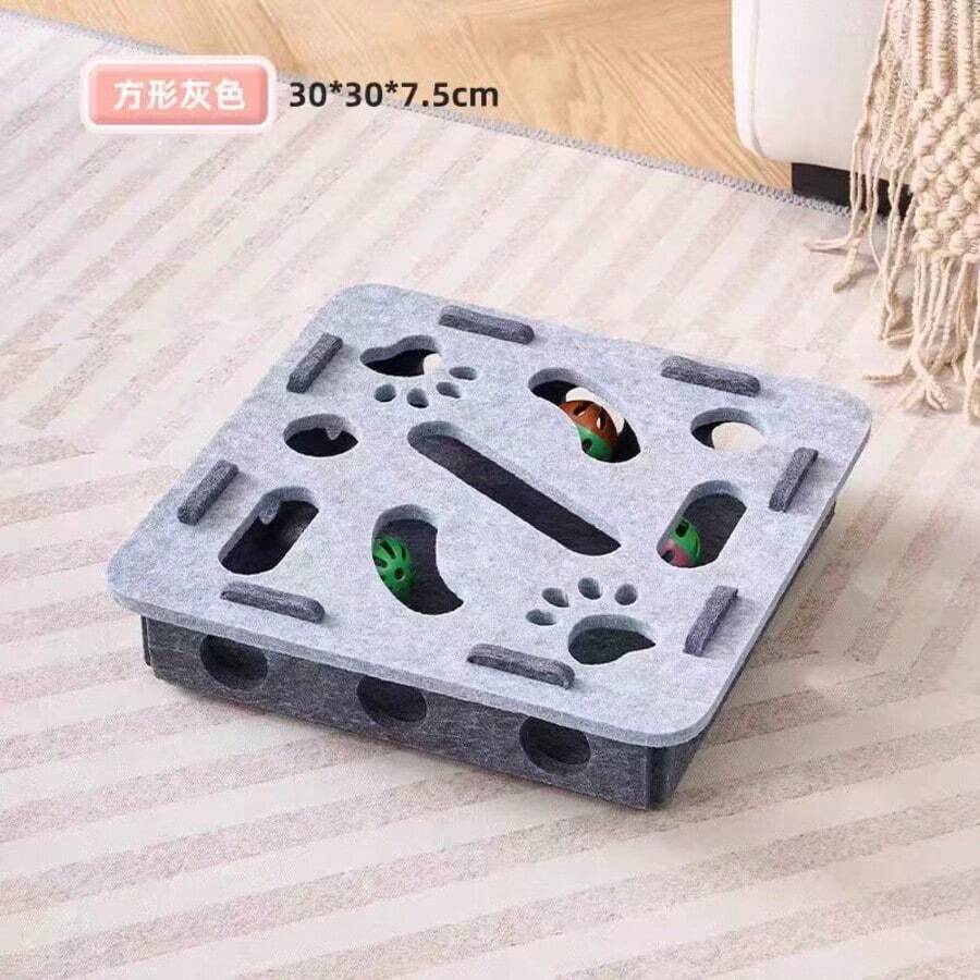 猫玩具 自娱自乐小玩意，迷宫拼图毛毡盒带铃铛球，适合小猫和宠物的益智玩具 - 灰色 - 查看 1