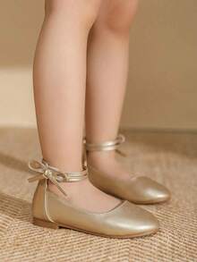 1 Par de Sapatos Planos Minimalistas de Estilo Britânico, Cor Sólida e Elegante, para Meninas, Adequado para Uso Diário, Primavera/Verão - Dourado - Visão 3