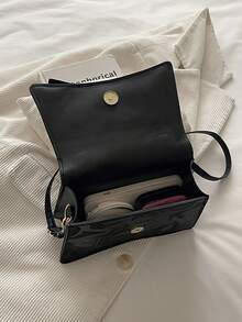 Solid Color Pleated Edge Handbag, Flap Crossbody Bag With Bow Decor For Women - Black - View 9