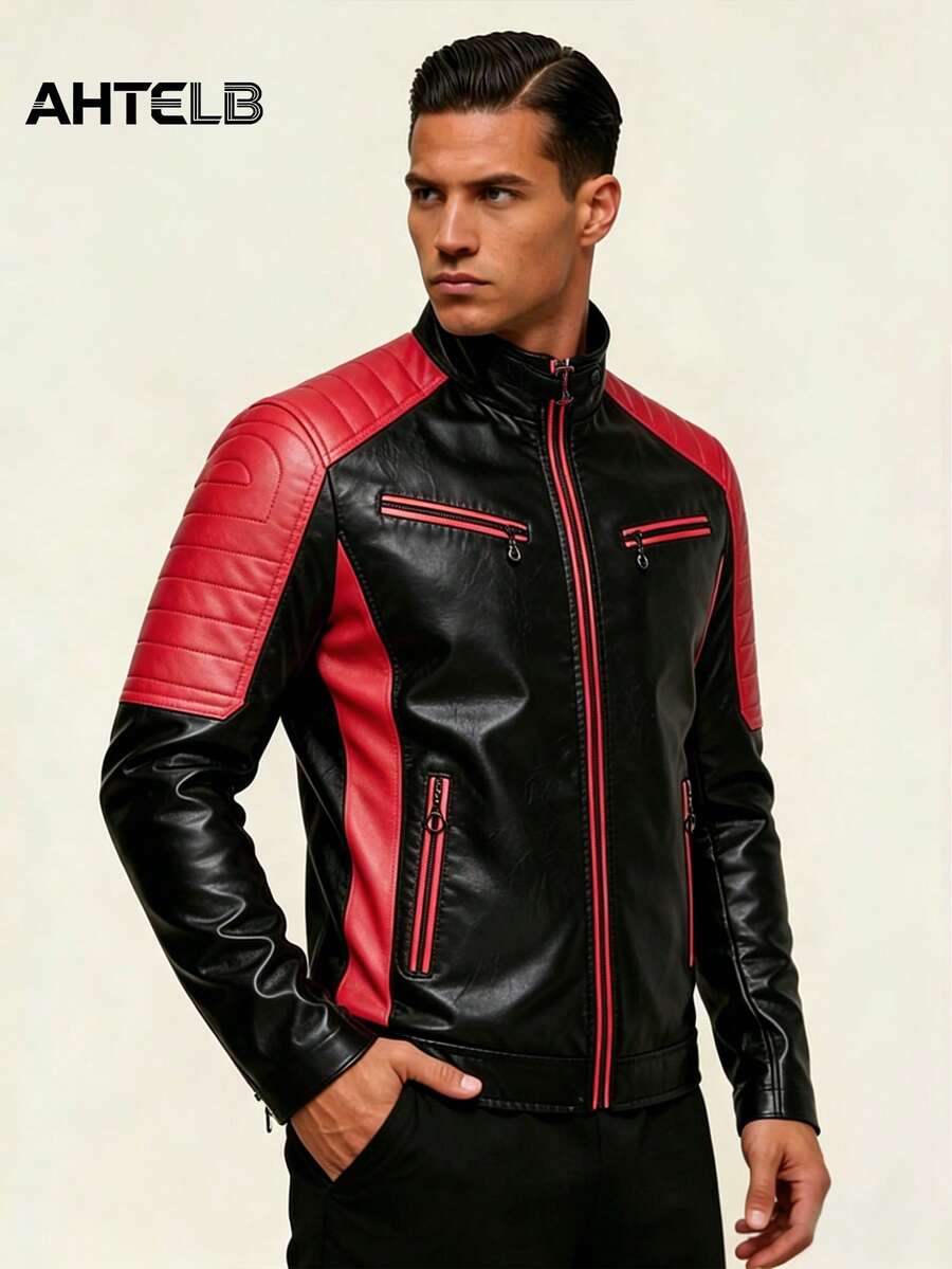 AHTELB Men's PU Leather Jacket, Casual Outdoor Sports Riding Jacket With Stand Collar And Contrast Color - Red - View 1