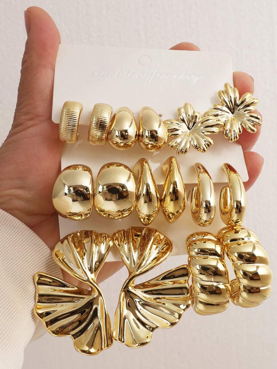 1对/8对装 金色低过敏金属质感3D银杏叶、花瓣、C形、水滴形、鱼嘴形耳环，简约优雅设计，适合女性，四季皆宜，母亲节、海滩度假佩戴 - 彩色 - 查看 1