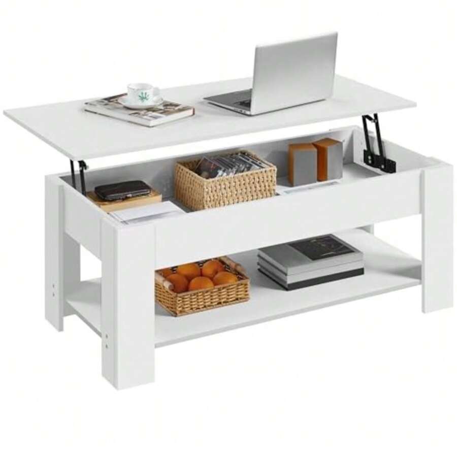 Lift Top Coffee Table with Hidden Compartment and Storage Shelf Rising Tabletop Dining Table for Living Room Reception Room 47.5in L White - Blanco - Ver 1