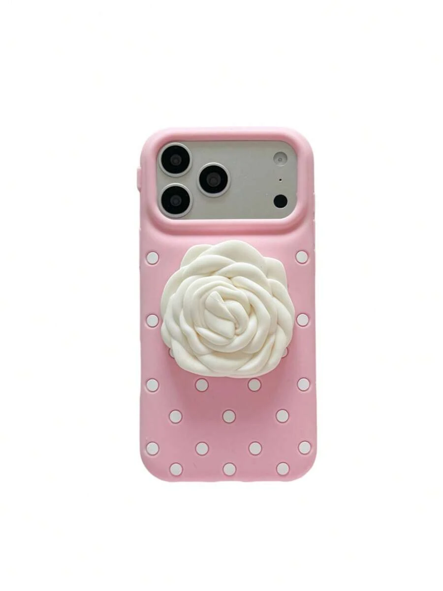 1 ốp lưng điện thoại silicon mềm với họa tiết hoa hồng màu hồng, tương thích với iPhone 17 Pro Max, 16, 15, 14, 13, có giá đỡ tích hợp và lớp bảo vệ họa tiết hoa hồng chấm bi. - Hồng - Xem 1