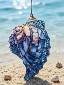 1pc Seashell Acrylic Stained Glass Window Hanging Ornament, Colorful Ocean-Inspired Home Decor, Boho Coastal Style, Purple & Blue Toned, Shell Shape, Artistic Vintage Design, Decorative Hanging Piece, Perfect For Living Room, Bedroom, Window, Balcony, And Beach House. - Conch - View 2