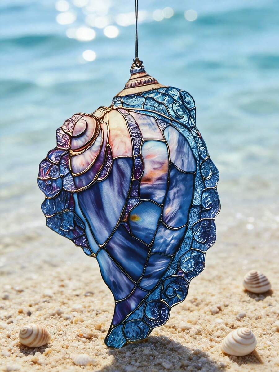 1pc Seashell Acrylic Stained Glass Window Hanging Ornament, Colorful Ocean-Inspired Home Decor, Boho Coastal Style, Purple & Blue Toned, Shell Shape, Artistic Vintage Design, Decorative Hanging Piece, Perfect For Living Room, Bedroom, Window, Balcony, And Beach House.