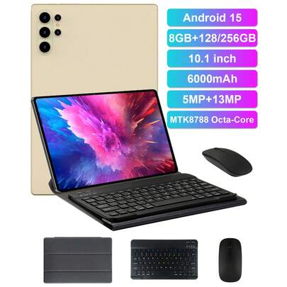Qetupa 10.1英寸安卓15平板电脑，配备保护套、键盘和鼠标，轻巧便携，适合学生和成人使用。搭载MTK8788八核2.0GHz处理器，8GB内存+128/256GB存储空间（可扩展至1TB），高清(1280x800) IPS触控屏，500万像素前置摄像头和1300万像素后置摄像头，6000mAh电池，支持蓝牙5.2、GPS，支持802.11ax Wi-Fi 6，Type-C充电接口，不支持SIM卡。